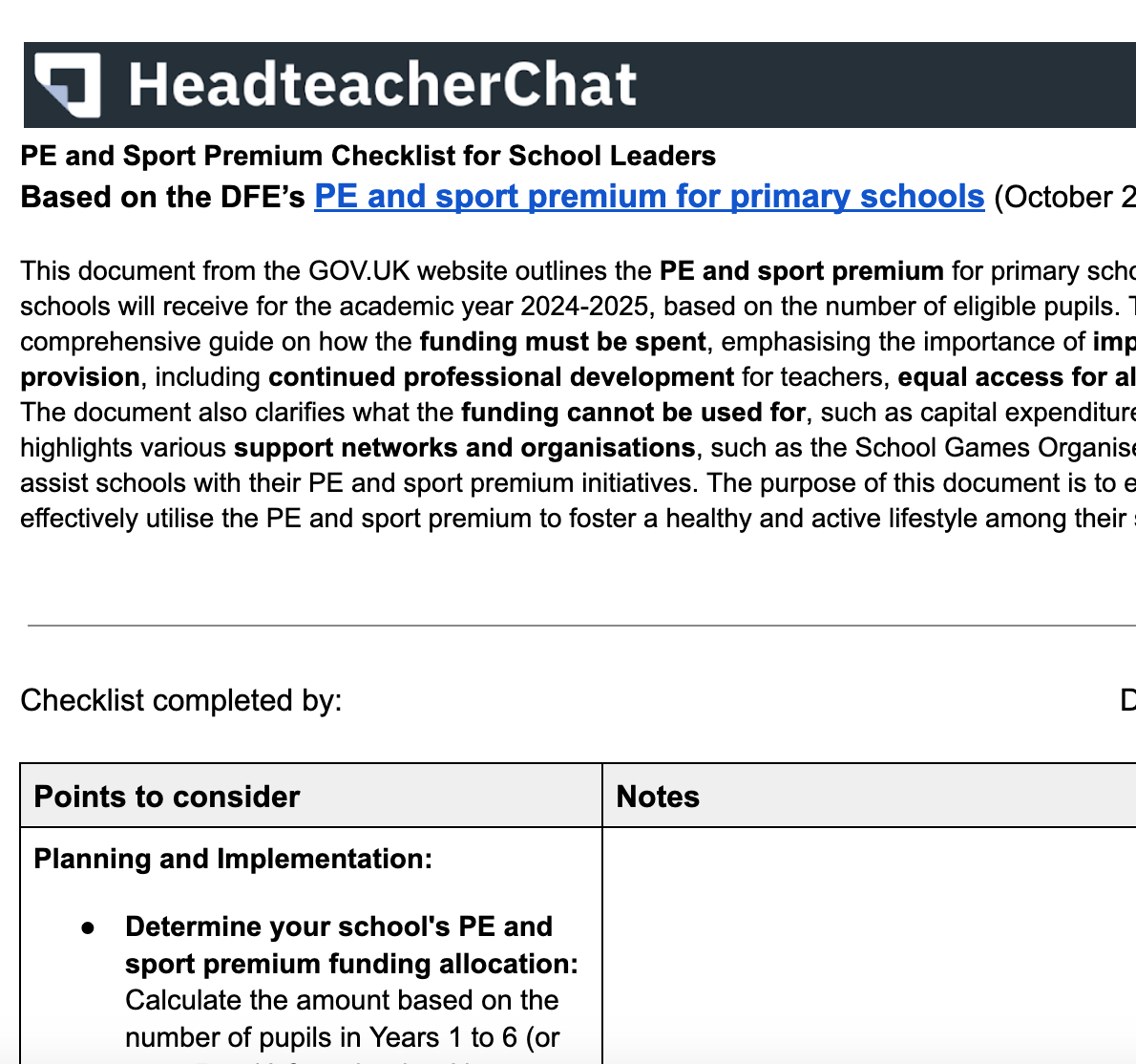 PE and Sport Premium Checklist for School Leaders