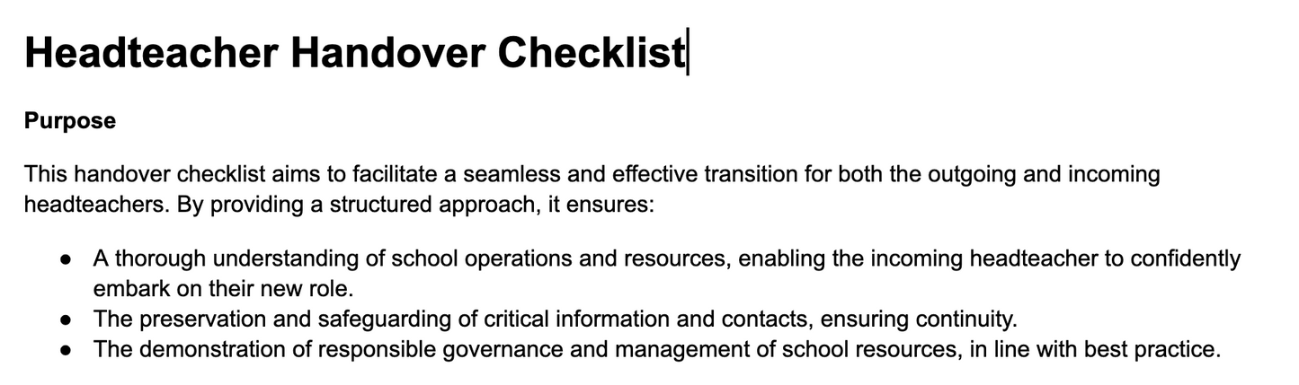 Headteacher Transition Checklist