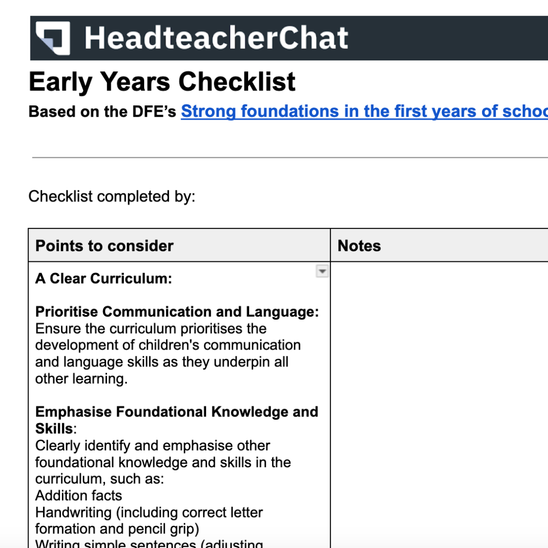 Early Year's Checklist Based on 'Strong Foundations'